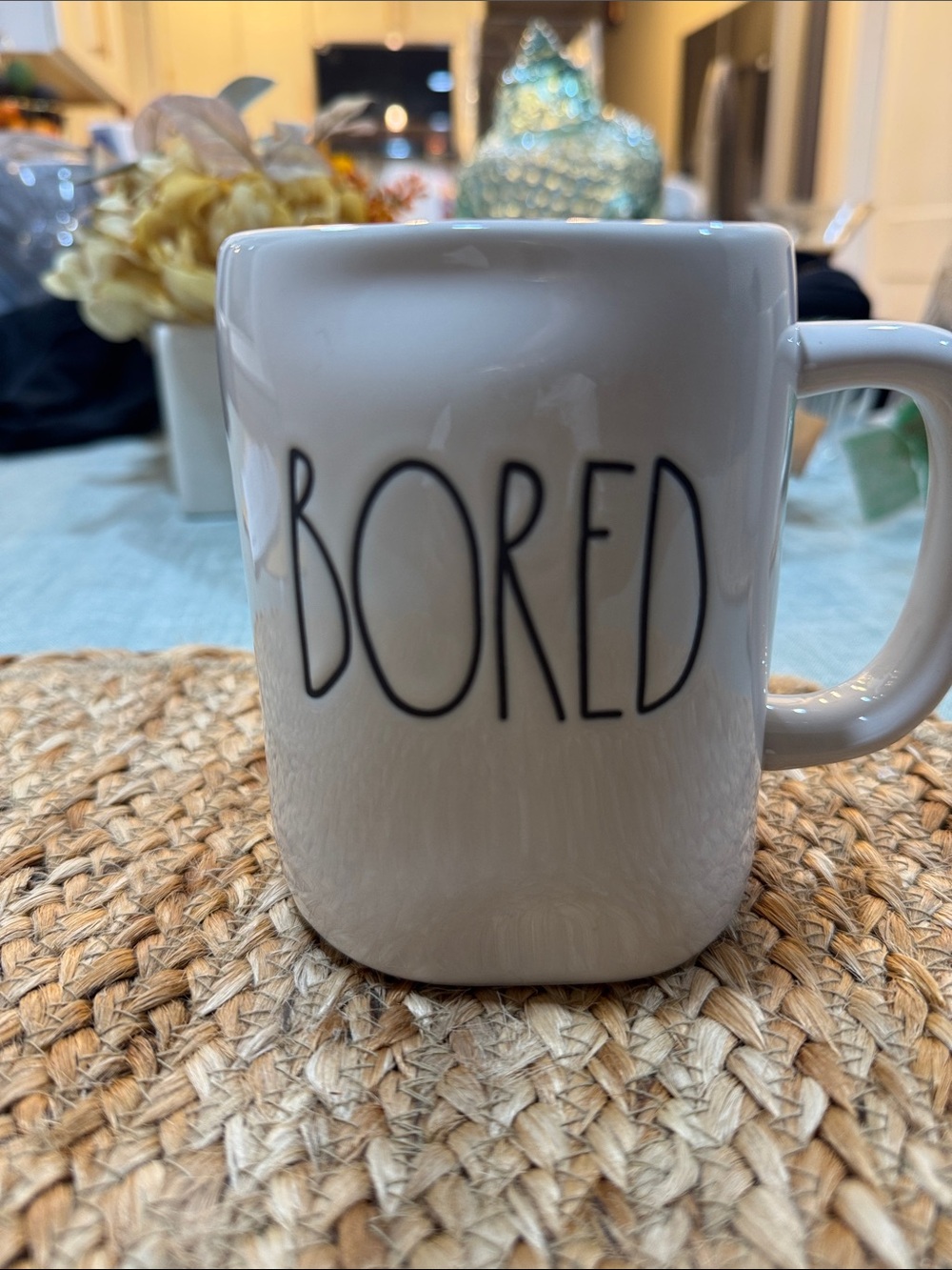Rae Dunn White Ceramic Mug with 'BORED' Black Lettering